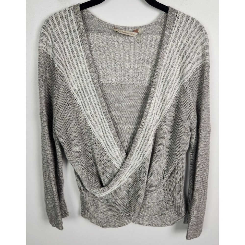 Soft Surroundings Women's Sz. M Linen Blend Cross Front Grey & White Sweater